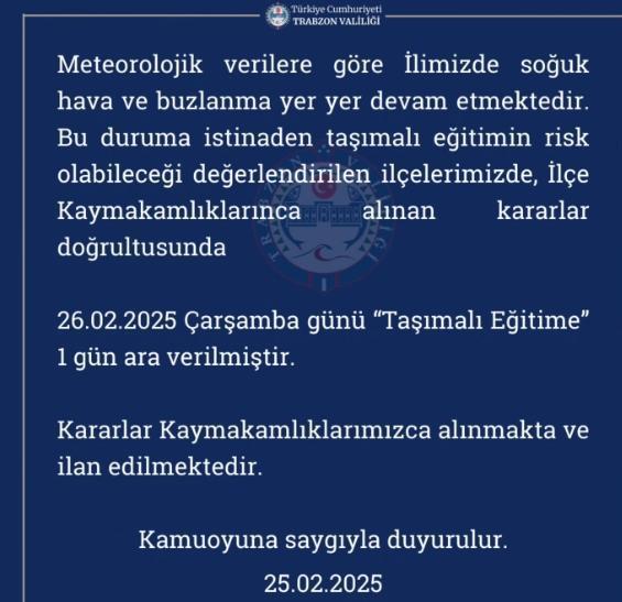 Trabzon okullar tatil mi SON DAKİKA? 26 Şubat Çarşamba Trabzon okul yok mu (Trabzon Valiliği Açıklaması – KAR TATİLİ)?