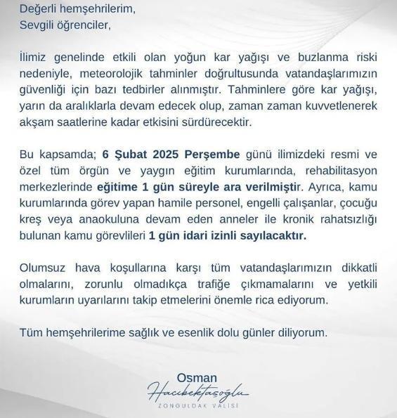 KDZ Ereğli okullar tatil mi SON DAKİKA? 6 Şubat Perşembe KDZ Ereğli okul yok mu (KDZ Ereğli Valiliği Açıklaması – KAR TATİLİ)?