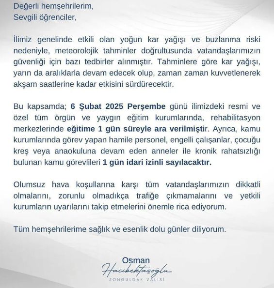Zonguldak okullar tatil mi SON DAKİKA? 6 Şubat Perşembe Zonguldak'ta okul yok mu (Zonguldak Valiliği Açıklaması – KAR TATİLİ)?