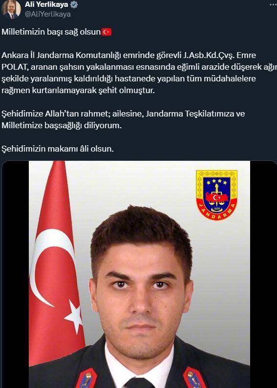 Ankara'da arama sırasında ağır yaralanan Jandarma Astsubay şehit oldu