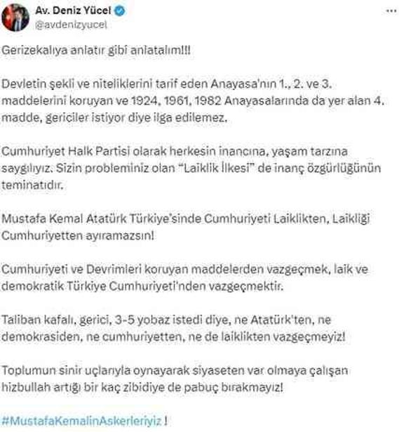 CHP Sözcüsü Yücel'den Yapıcıoğlu'na Anayasa yanıtı: 3-5 yobaz istedi diye ne cumhuriyetten, ne de laiklikten vazgeçmeyiz
