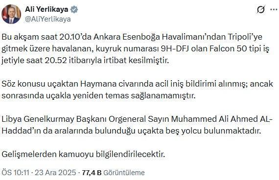 Yerlikaya'dan radar bağlantısı kesilen uçakla ilgili açıklama