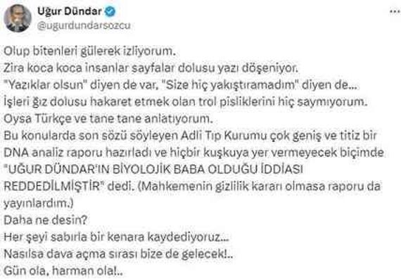 Uğur Dündar, DNA raporuna inanmayan Duygu Nebioğlu'na tepki: Artık gülüyorum
