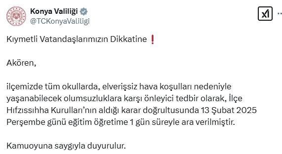 Konya okullar tatil mi SON DAKİKA? 13 Şubat Perşembe Konya okul yok mu (Konya Valiliği Açıklaması – KAR TATİLİ)?