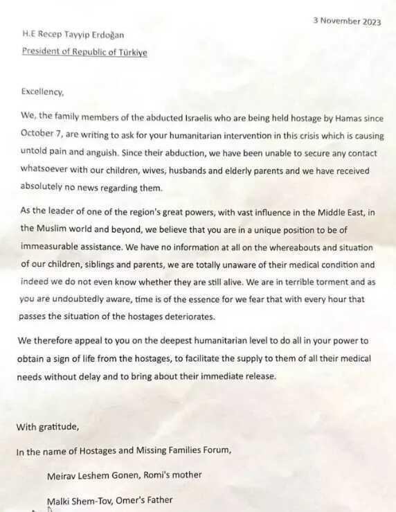 İsrailli rehinelerin aileleri Cumhurbaşkanı Erdoğan'a mektup yazdı