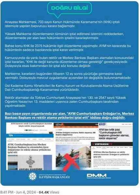 Cumhurbaşkanlığı'ndan AYM kararları sonrası ilk yorum: Cumhurbaşkanı'nın yetkileri iptal edilmedi