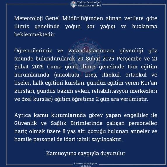 Trabzon okullar tatil mi SON DAKİKA? 21 Şubat Cuma Trabzon okul yok mu (Trabzon Valiliği Açıklaması – KAR TATİLİ)?