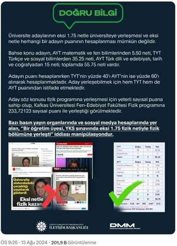 'Eksi 1.75 fizik netiyle fizik bölümüne girdim' paylaşımına açıklama var! Gerçek bambaşka çıktı