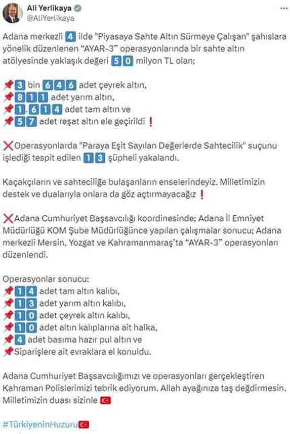 Adana merkezli 4 ilde Ayar-3 operasyonu: 50 milyon lira değerinde altın ele geçirildi
