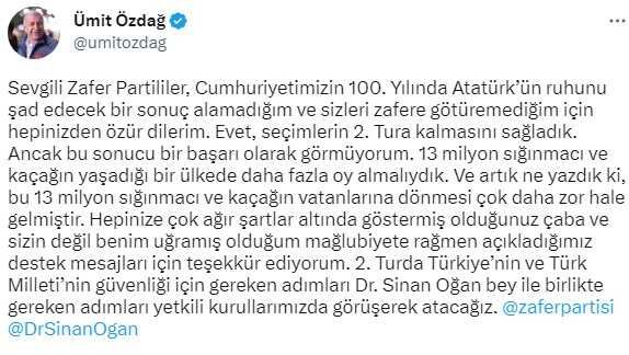 Ümit Özdağ'dan seçim sonuçlarına ilişkin ilk yorum: Hepinizden özür dilerim