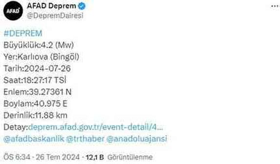 Bingöl'ün Karlıova ilçesinde 4,2 büyüklüğünde deprem