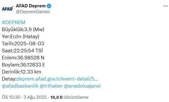 Hatay'da 3.9 büyüklüğünde deprem