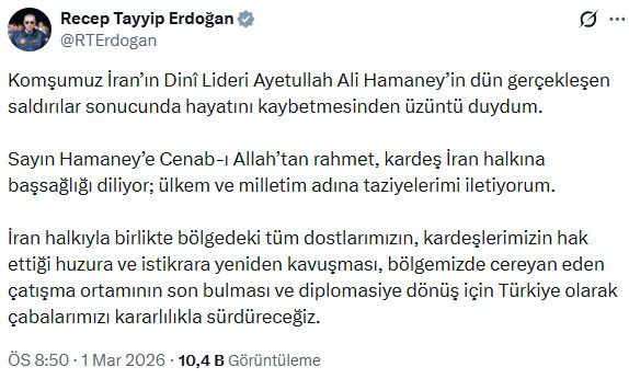 Cumhurbaşkanı Erdoğan'dan Hamaney mesajı