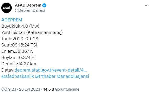 Kahramanmaraş'ta 4 büyüklüğünde deprem