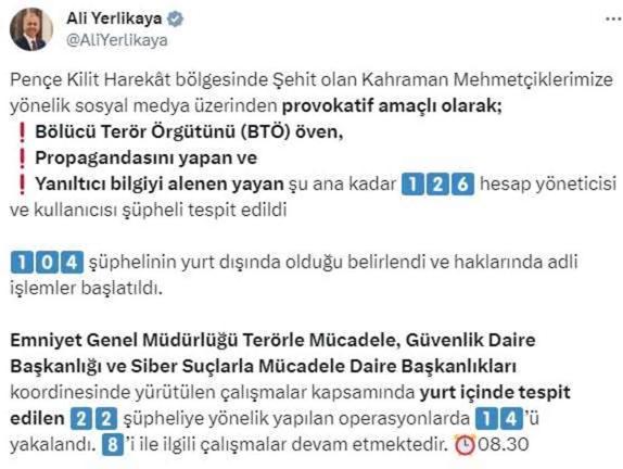 İçişleri Bakanı: BTÖ Propagandası Yapan 126 Hesap Tespit Edildi