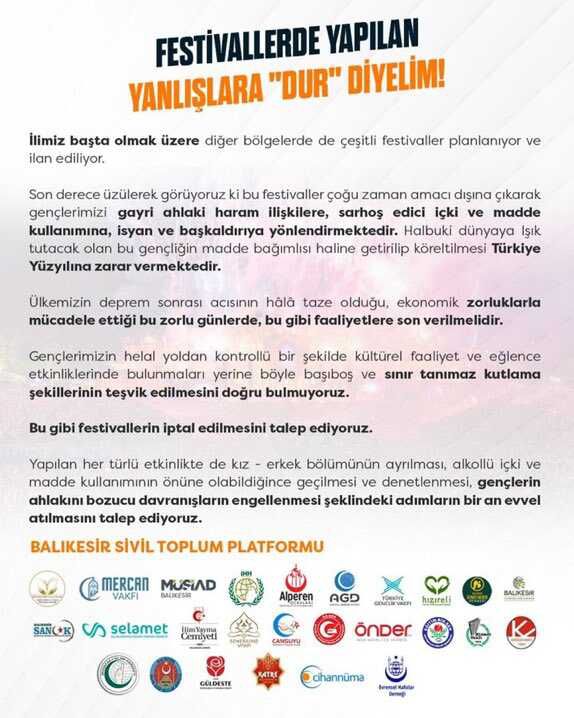 25 kuruluştan oluşan Balıkesir Sivil Toplum Platformu bildiri yayımladı: Festivaller yasaklansın