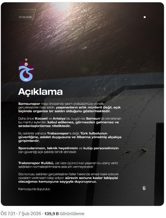 Samsun'da Trabzonspor takım otobüsüne taşlı saldırı: Sporcularımızın can güvenliği tehdit altında