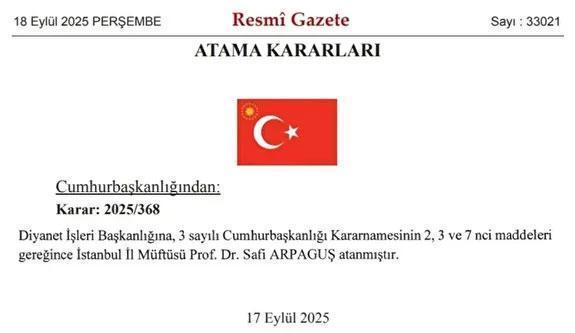 Diyanet İşleri Başkanlığı'na İstanbul Müftüsü Prof. Dr. Safi Arpaguş atandı