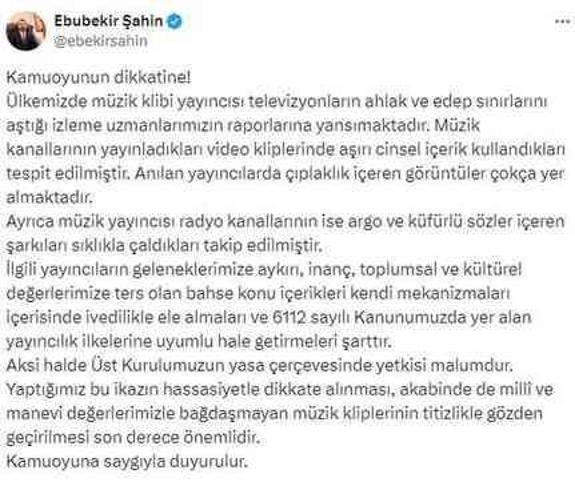 RTÜK, aşırı cinsel içerikli müzik ve klip yayınları için müzik kanallarına uyarıda bulundu