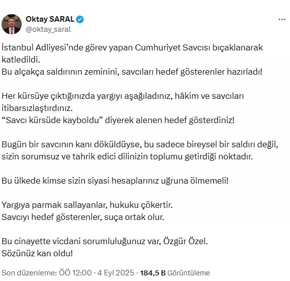 Cumhurbaşkanı Başdanışmanı Saral, savcı cinayeti için CHP lideri Özel'i suçladı