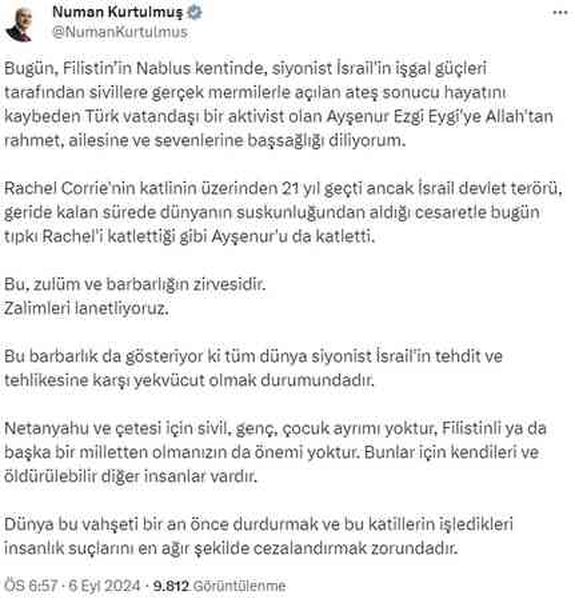 Cumhurbaşkanı Erdoğan'dan Türk aktivistin Batı Şeria'da öldürülmesine tepki
