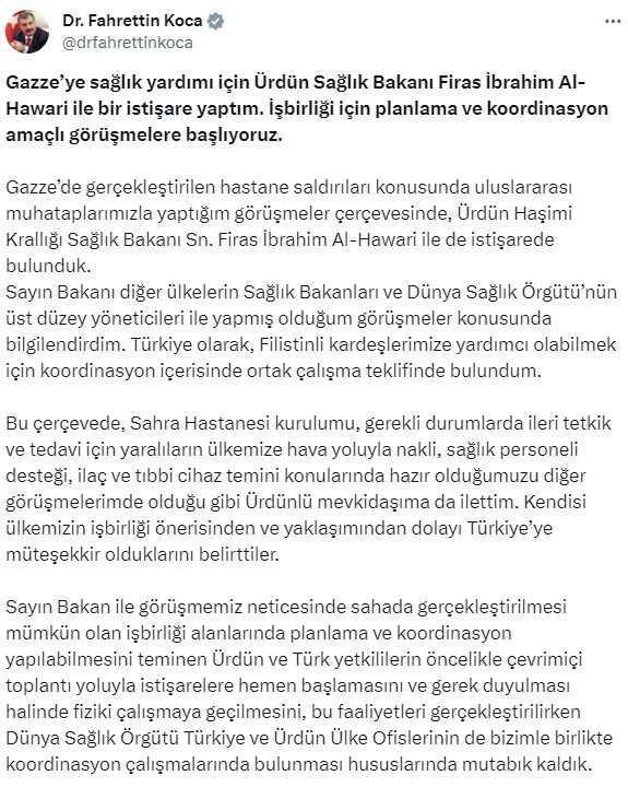 Türkiye ve Ürdün, Gazze'ye sağlık yardımı için iş birliği yapacak