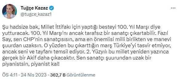 Tuğçe Kazaz'dan 100. Yıl Marşı çıkaran Fazıl Say'a tepki: Şu hadsize bak, sen CHP'nin sanatçısısın