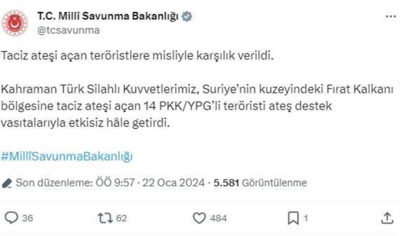 Suriye'nin kuzeyinde taciz ateşi açan teröristlere misliyle karşılık verildi, 14 PKK/YPG'li etkisiz hale getirildi