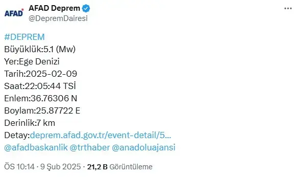 Ege Denizi'nde 5.1 büyüklüğünde deprem