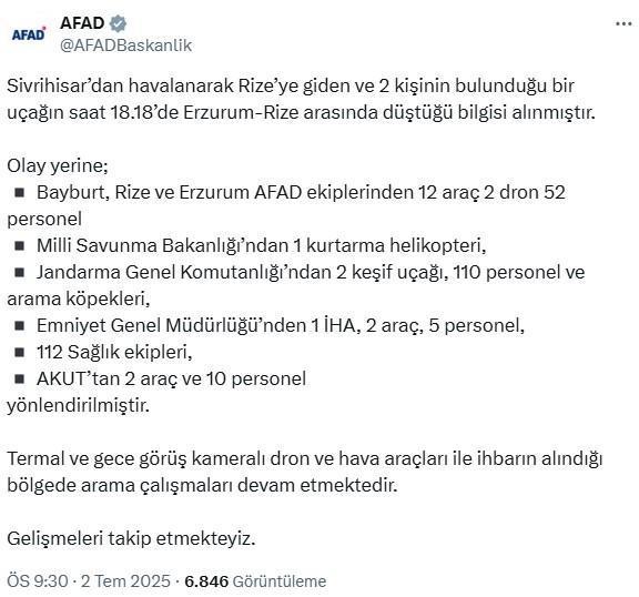 Bayburt'ta küçük uçak düştü! 2 kişiye ulaşılmaya çalışılıyor