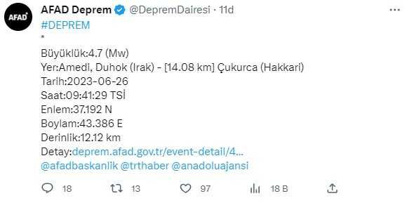 Son Dakika! Hakkari'de 4.7 büyüklüğünde deprem