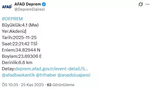 Akdeniz'de 4.1 büyüklüünde deprem