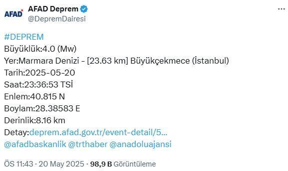 İstanbul'da hissedilen bir deprem meydana geldi