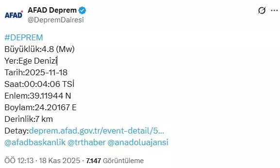 Ege'de 4.8 büyüklüğünde deprem