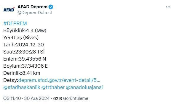 Sivas'ın Ulaş ilçesinde 4,4 büyüklüğünde deprem