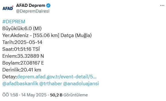 Muğla'nın Datça ilçesi açıklarında 6 büyüklüğünde deprem