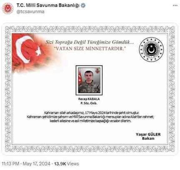 Pençe Kaplan operasyonu bölgesinde 1 askerimiz şehit