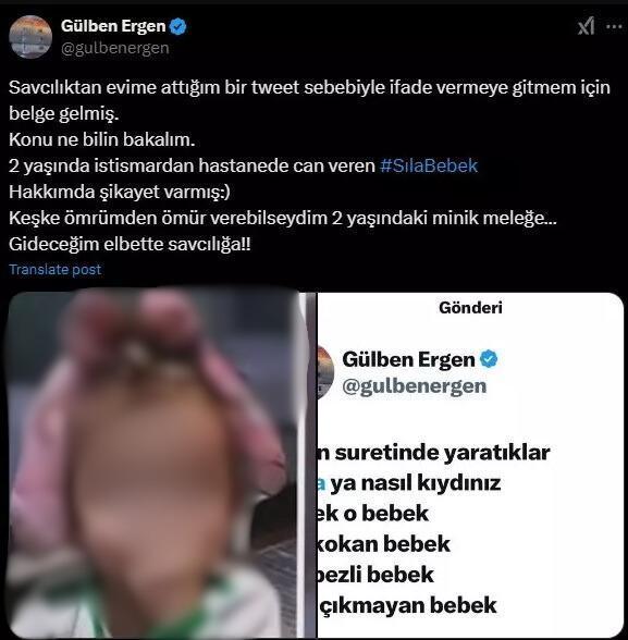 7 Ekim 2024 tarihinde hayatını kaybeden Sıla bebekle ilgili sosyal medya üzerinden yaptığı paylaşım nedeniyle gündeme gelen ünlü şarkıcı Gülben Ergen, bu olay sonrasında savcılığa çağrılmıştı. Bugün, İstanbul Adalet Sarayı'nda ifade vermek üzere bulunan Ergen, adliye çıkışında gazetecilerin sorularını yanıtladı. Hissettiklerini ve durumu nasıl değerlendirdiğini anlatan ünlü sanatçı, oldukça yoğun ilgi gören bu süreç hakkında detaylar verdi.
