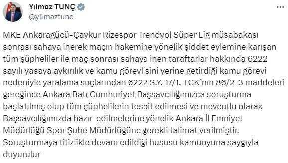 Adalet Bakanı Tunç: Hakem Halil Umut Meler'e yönelik yumruklu saldırıyla ilgili adli soruşturma başlatıldı