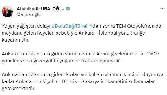 Yoğun yağış nedeniyle TEM Otoyolu trafiğe kapandı