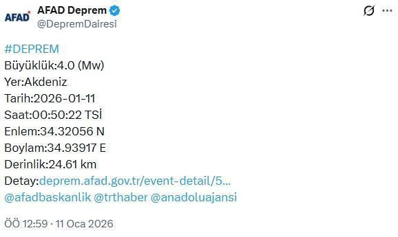 Akdeniz'de 4 büyüklüğünde deprem