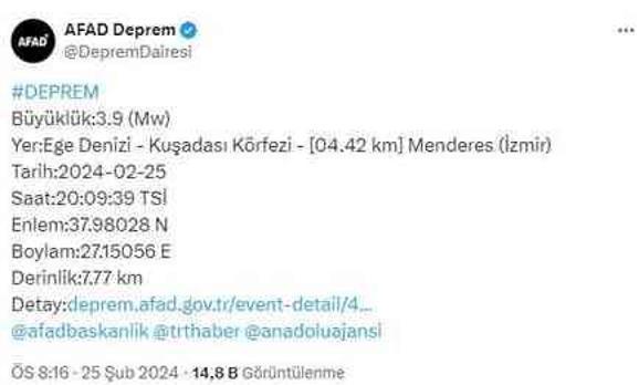 Kuşadası Körfezi'nde 3,9 büyüklüğünde deprem