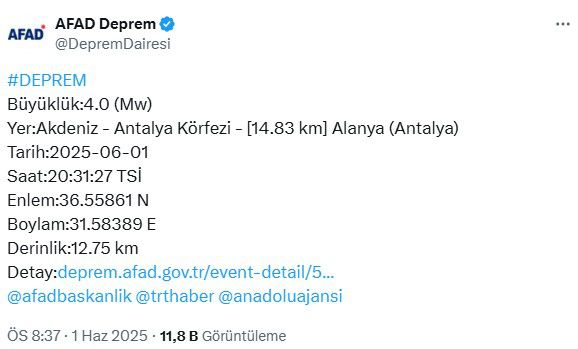 Antalya açıklarında 4 büyüklüğünde deprem