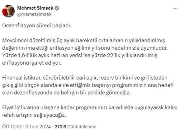 Mehmet Şimşek'ten haziran ayı enflasyon rakamlarına ilk yorum