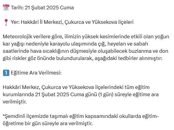 Hakkari okullar tatil mi SON DAKİKA? 21 Şubat Cuma Hakkari okul yok mu (Hakkari Valiliği Açıklaması – KAR TATİLİ)?