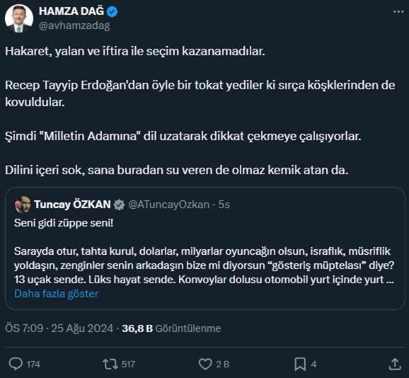 Erdoğan'a hedef alan CHP'li Özkan'a AK Partili Dağ'dan sert yanıt: Dilini içeri sok, sana buradan su veren de olmaz kemik atan da