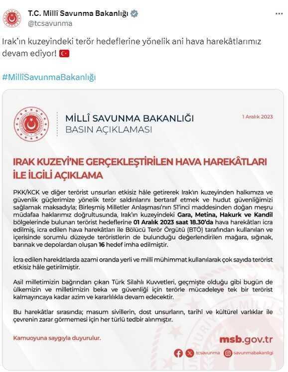 Irak'ın kuzeyine hava harekatı! 16 hedef imha edildi, çok sayıda terörist etkisiz hale getirildi