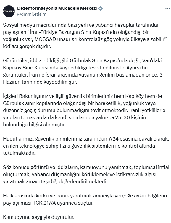 İletişim Başkanlığı: MOSSAD Unsurlarının Sınır Kapısından Sızma İddiası Yalan