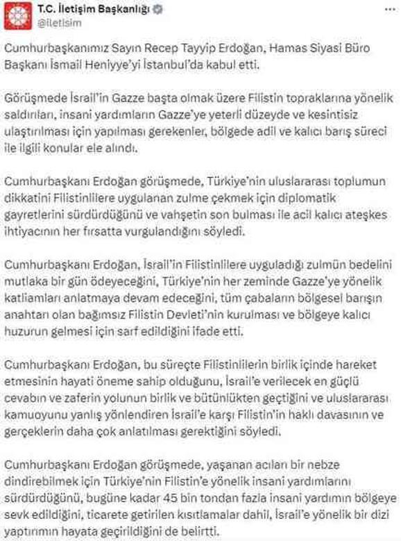 Cumhurbaşkanı Erdoğan ile Hamas Siyasi Büro Başkanı Heniyye görüşmesi sona erdi