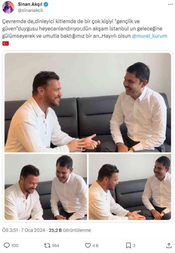 Ünlü şarkıcı Sinan Akçıl'dan İBB adayı Murat Kurum'a 'Hayırlı olsun' mesajı